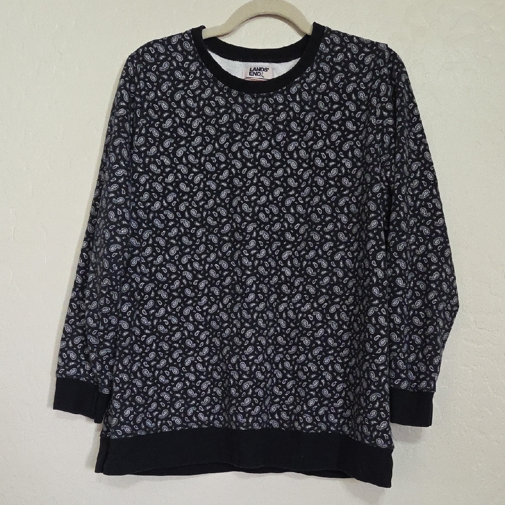 Lands' End Black and White Paisley Crewneck Sweater